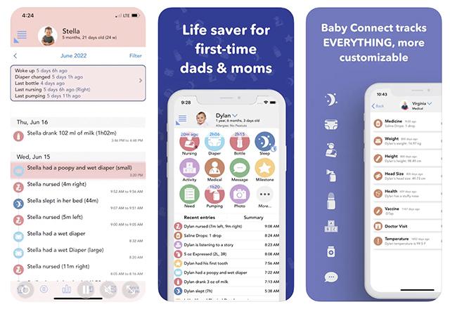 Screenshots of Baby Connect, one of the best apps for moms