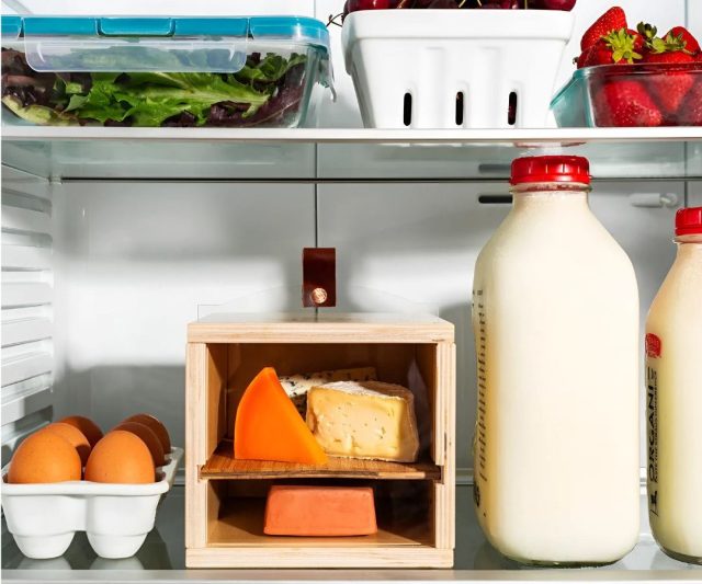 the cheese grotto on a refrigerator shelf