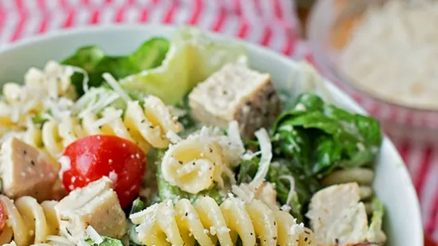 picture of chicken caesar pasta salad, a kid friendly pasta salad