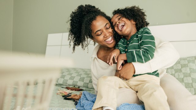 mom and child laughing at underwear jokes
