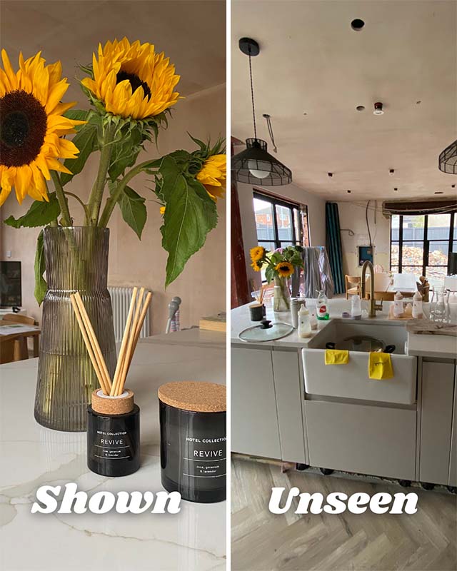 Side by side images that show a messy home and then one part of that home, a vase of flowers, zoomed in looking picturesque for the social media highlight reels