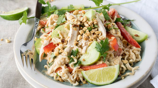 picture of Thai chicken pasta salad, a kid friendly pasta salad