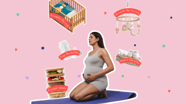 A pregnant woman on a yoga mat with baby items like a crib, bottles, baby clothes representing tasks at a nesting party