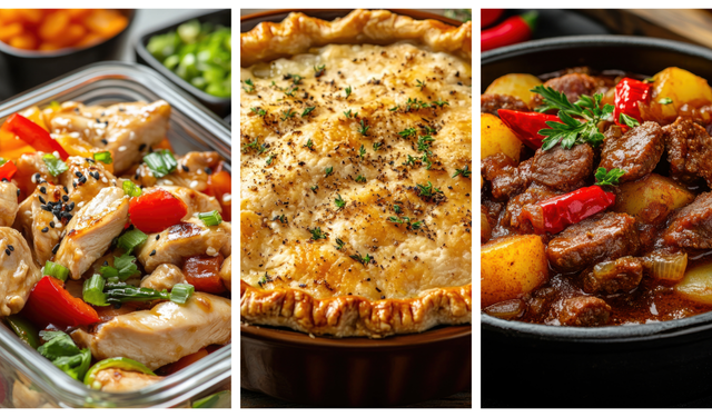 a stir fry, a chicken pot pie, and a beef stew - all ideas for freezer meals to make at a nesting party