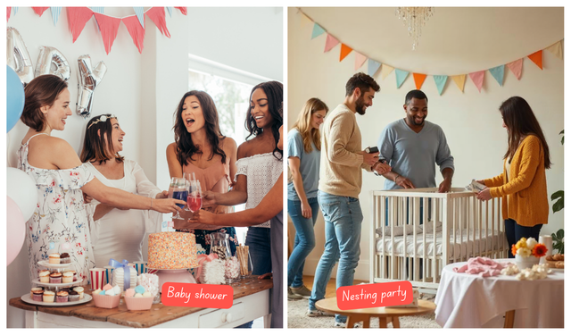 a photo of a baby shower beside a photo of a nesting party